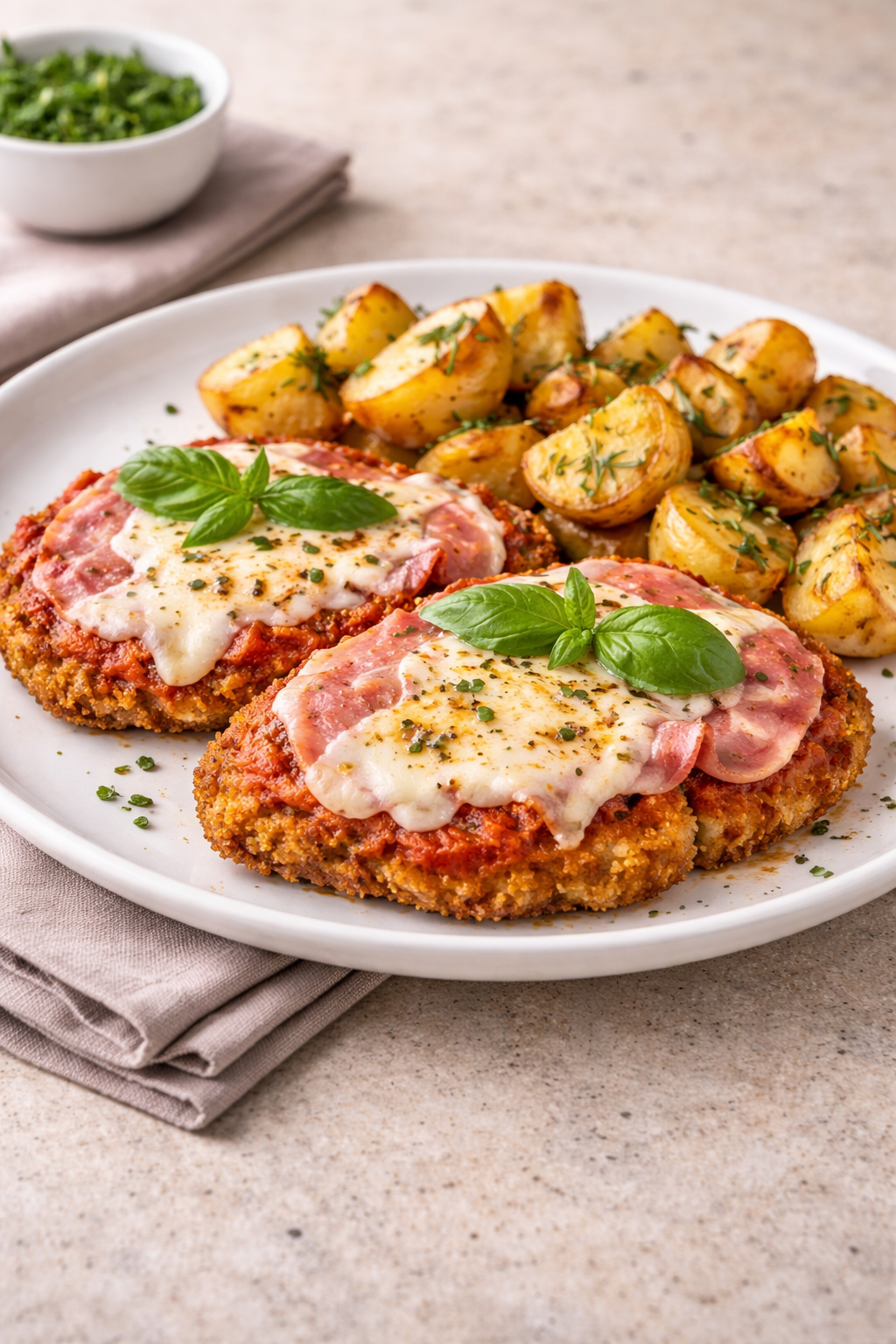 Milanesa de pollo a la napolitana con papas asadas